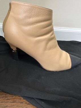 CHANEL Beige Leather Ankle Boot with Black Cap Toe